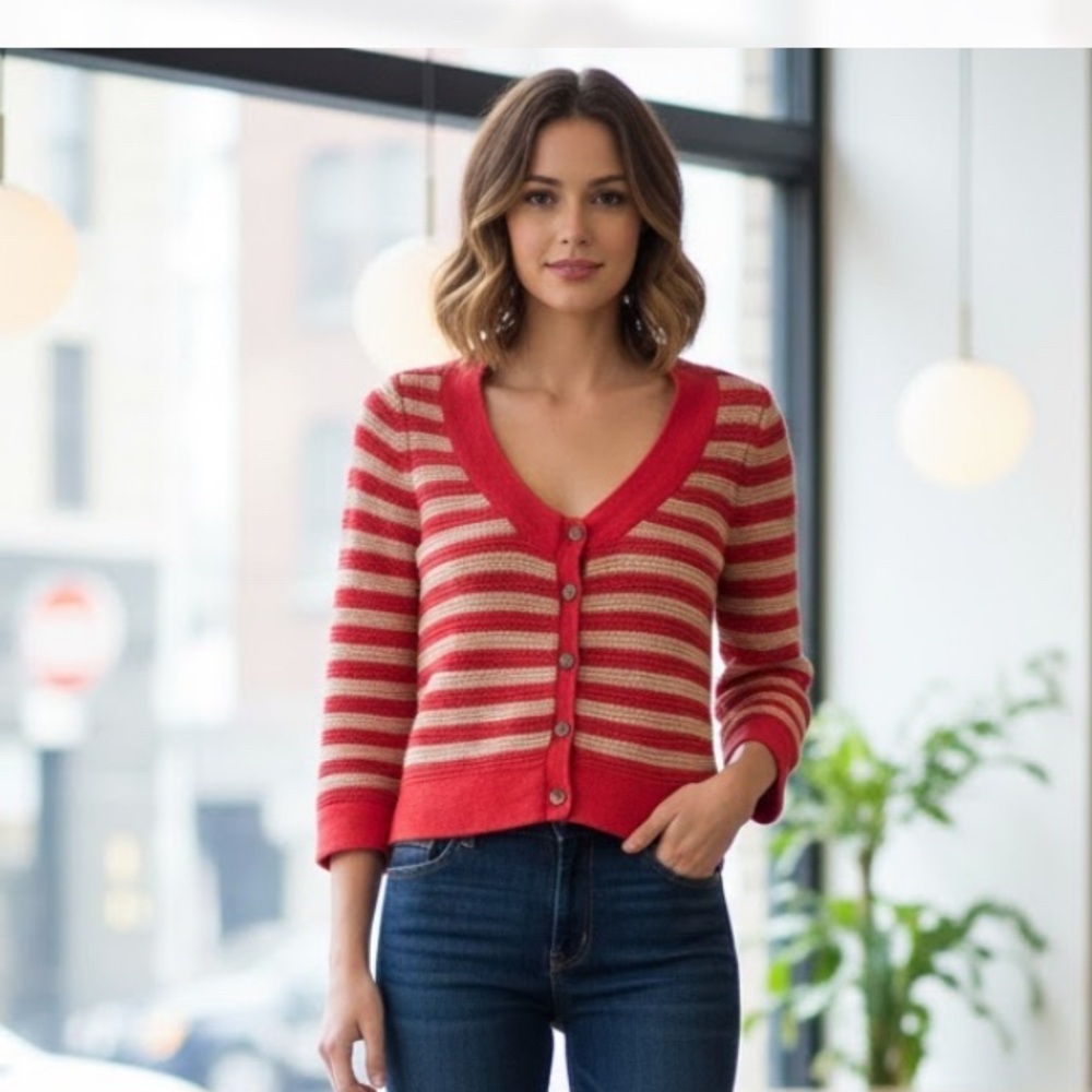 Theory Striped Pink Button-Up‎ Sweater Size M